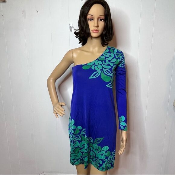 Lilly Pulitzer Dress S Modern One Sleeve Bare Shoulder Purple Aqua Jersey Silk - Picture 3 of 7